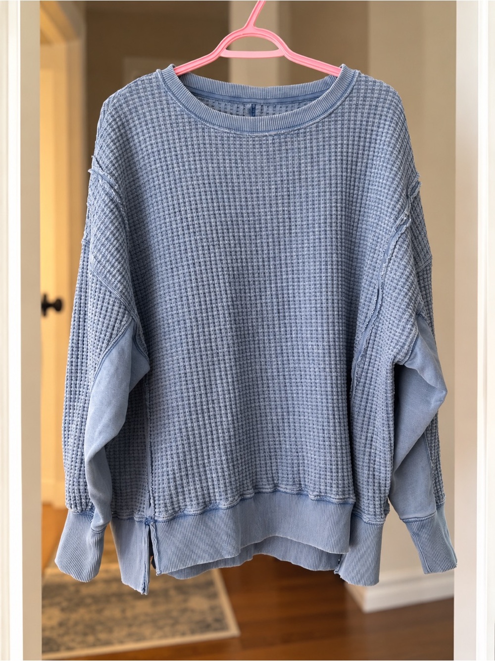 American Eagle Outfitters Light Blue Waffle-Knit Crewneck Sweater